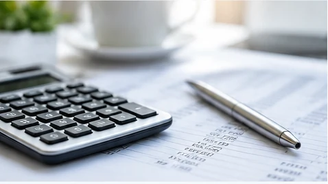 Calculator, pen and accounting documents